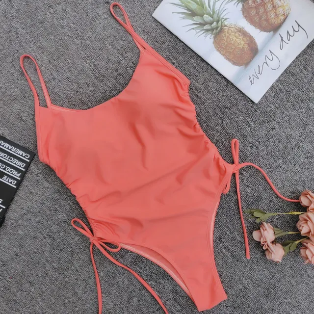 One piece swimsuit Euro American solid high fork adjustable bikini Pink - Shop at LoveMi