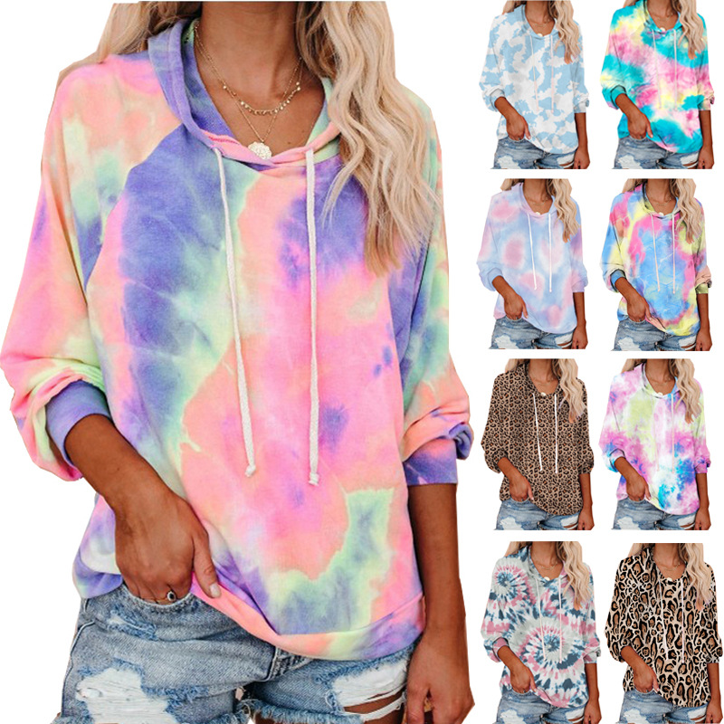Tie-dye printed color hooded long-sleeved sweatshirt