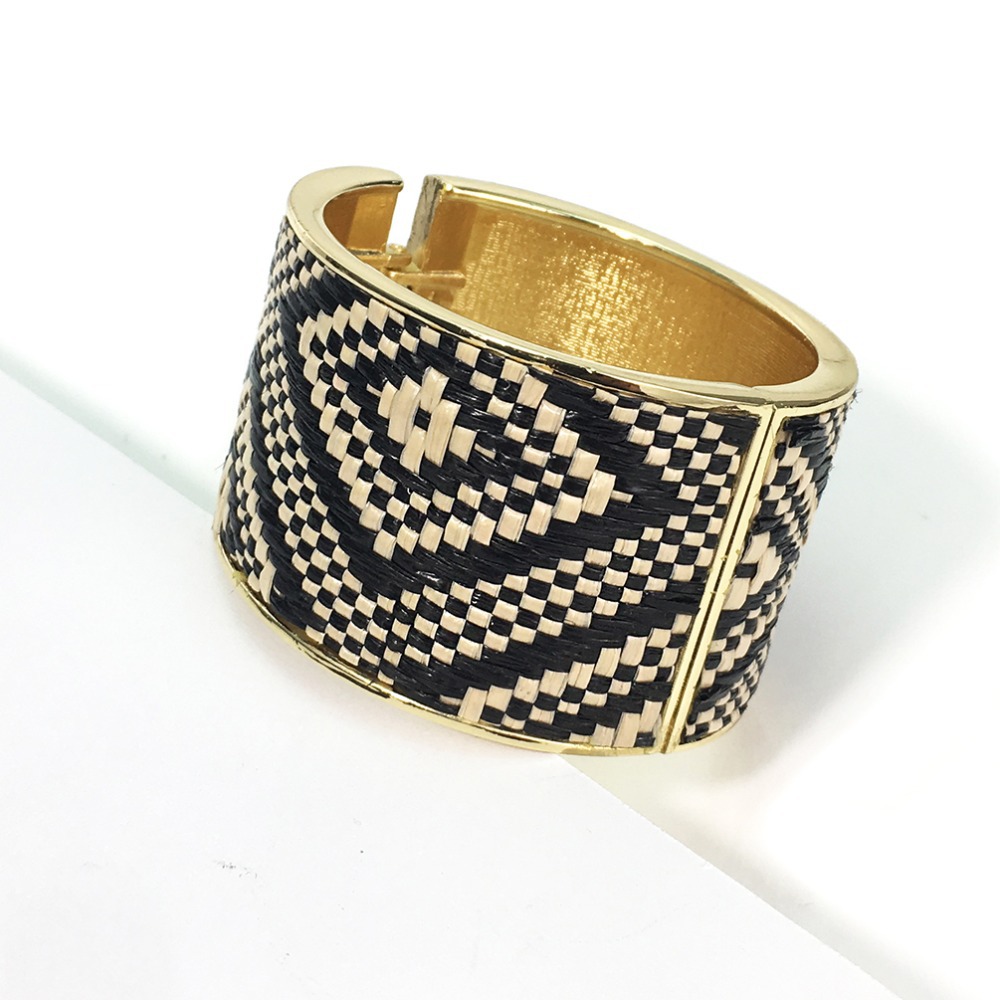 Bohemian black straw woven wide bracelet