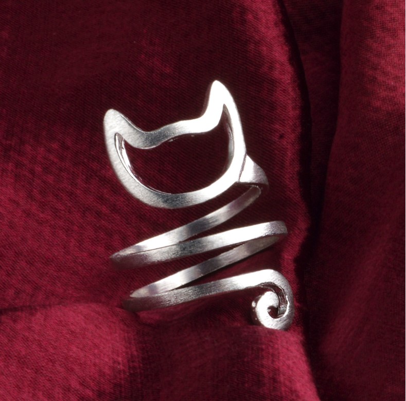 Personalized silver tangled brushed cute cat ring