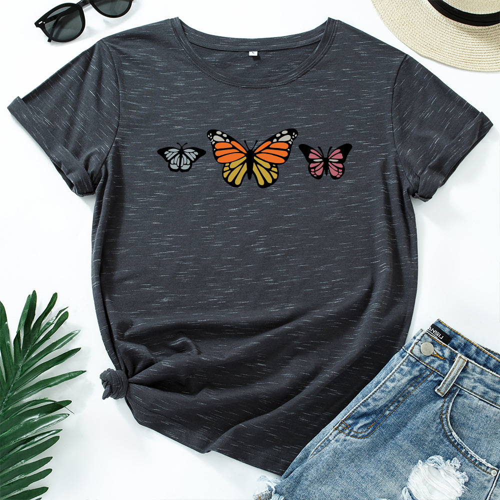 Pure cotton loose round neck butterfly short sleeve t-shirt women