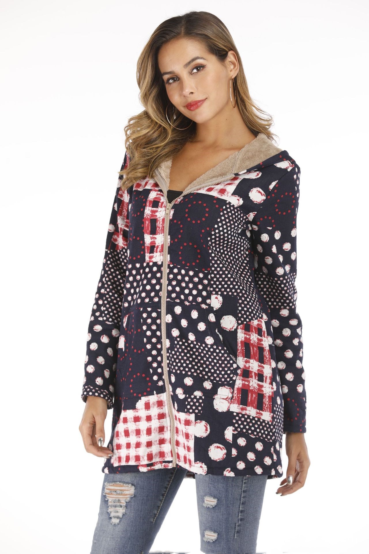 Cardigan hooded loose concealed large size women's jacket