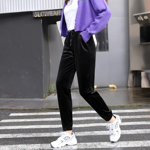Gold velvet casual pants plus cashmere Black - Shop at LoveMi