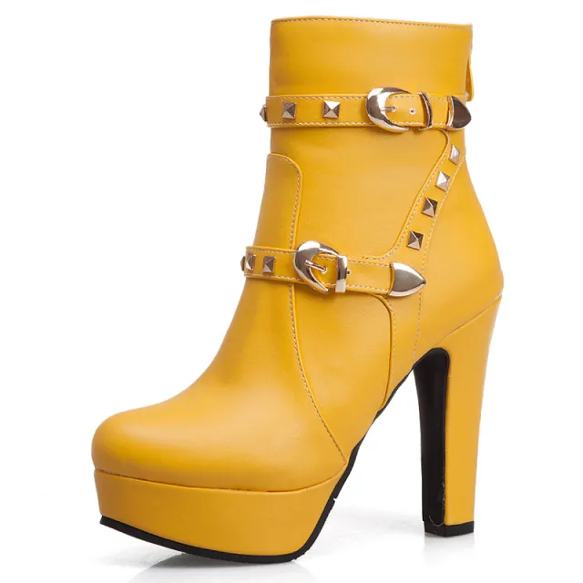 Women's studded thick heel short boots Yellow - Shop at LoveMi