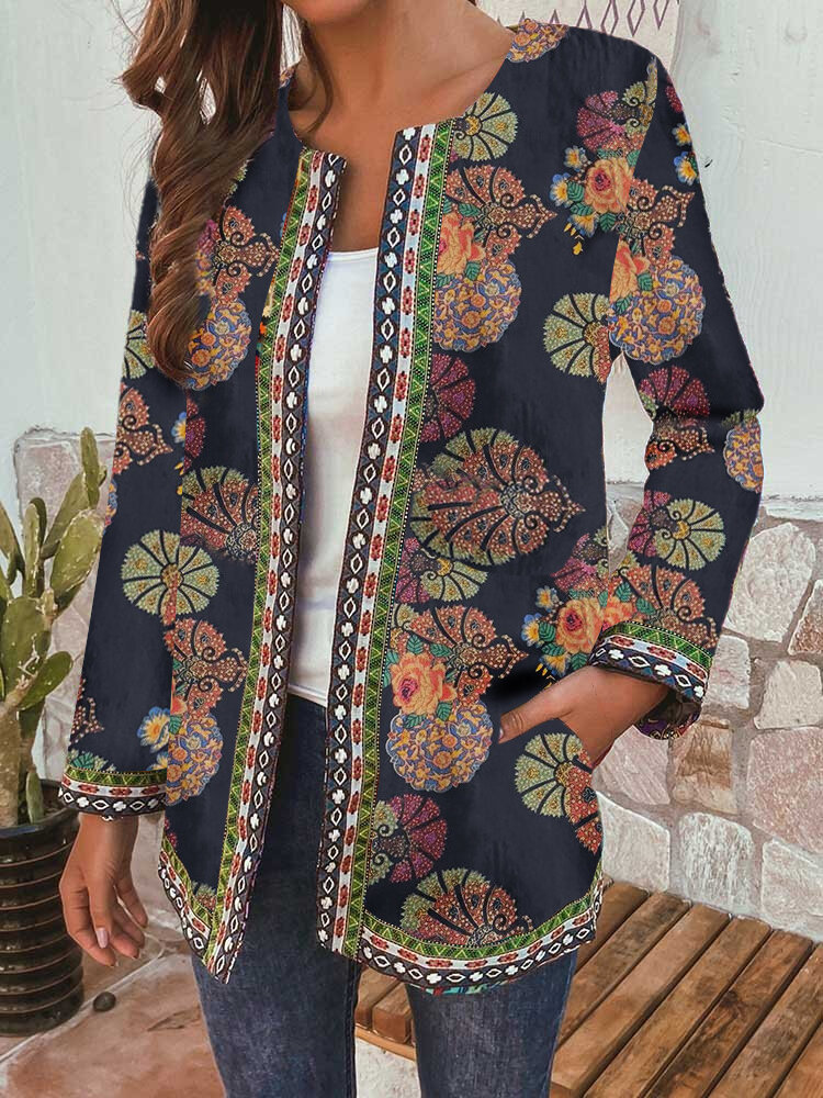 Retro cotton and linen print loose long sleeve coat