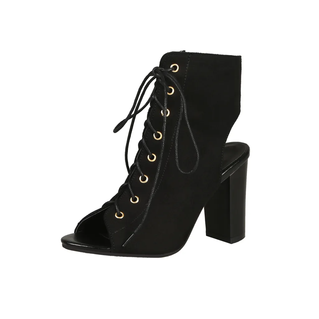 Front lace suede high-top sandals - Black