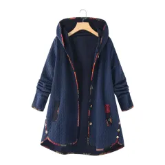 Loose and slim printed long sleeve cotton dress - Navy Blue - View 1