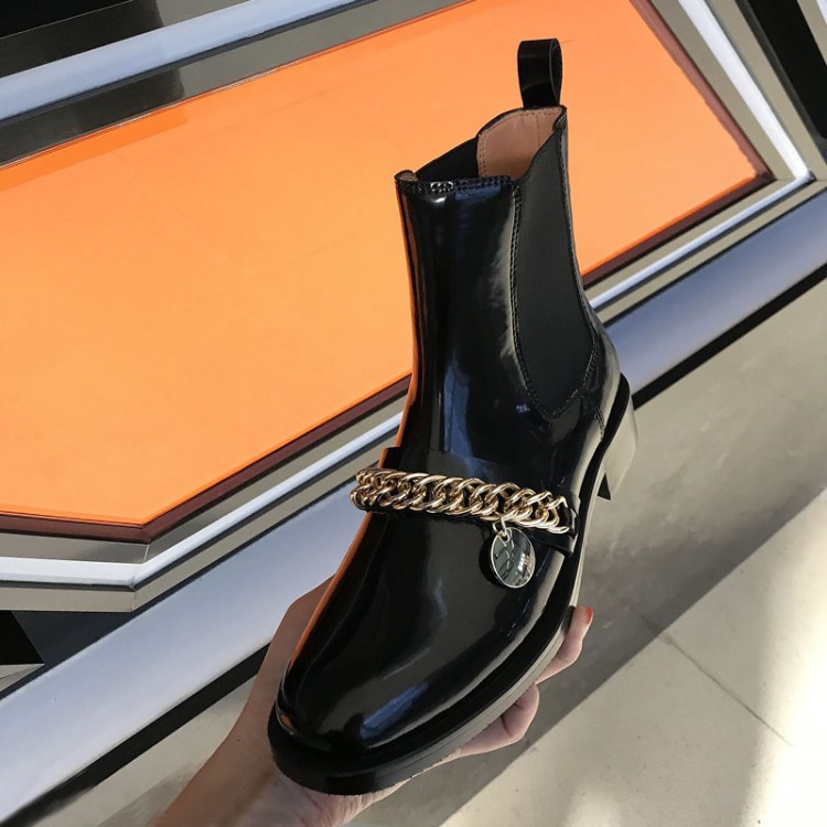Round toe personality metal chain flat mid-heel women's boots