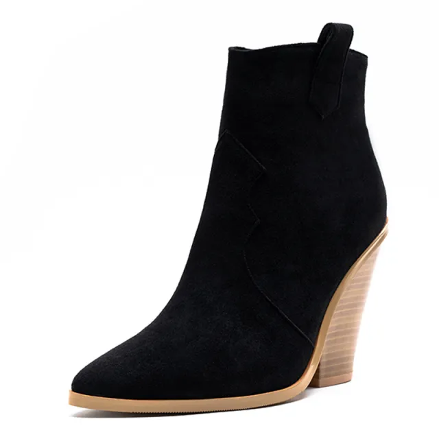 Block heel high heel pointed toe boots Black - Shop at LoveMi
