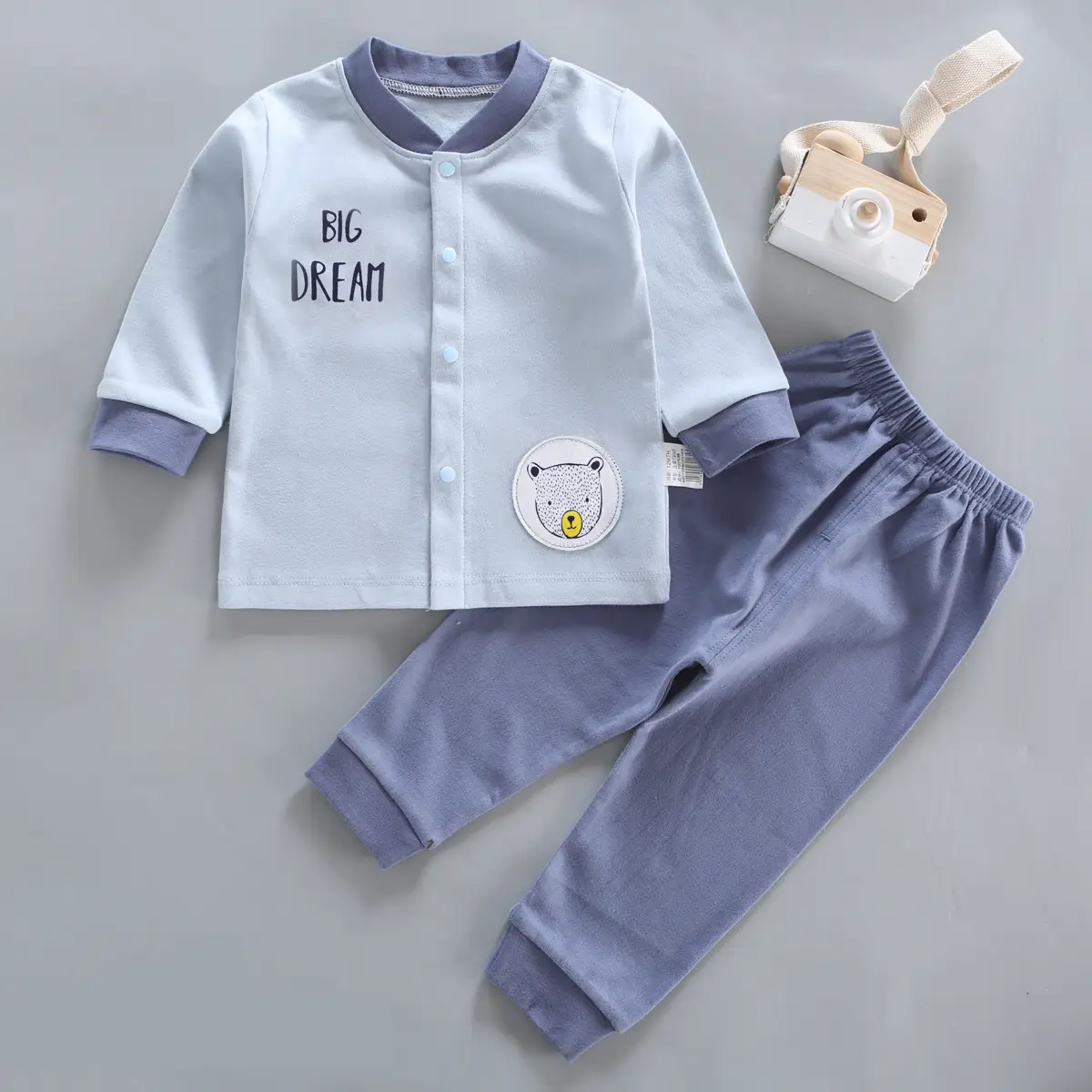 Baby Long Sleeve Cotton Pajama Set with Graphic Print — Bear blue, 73