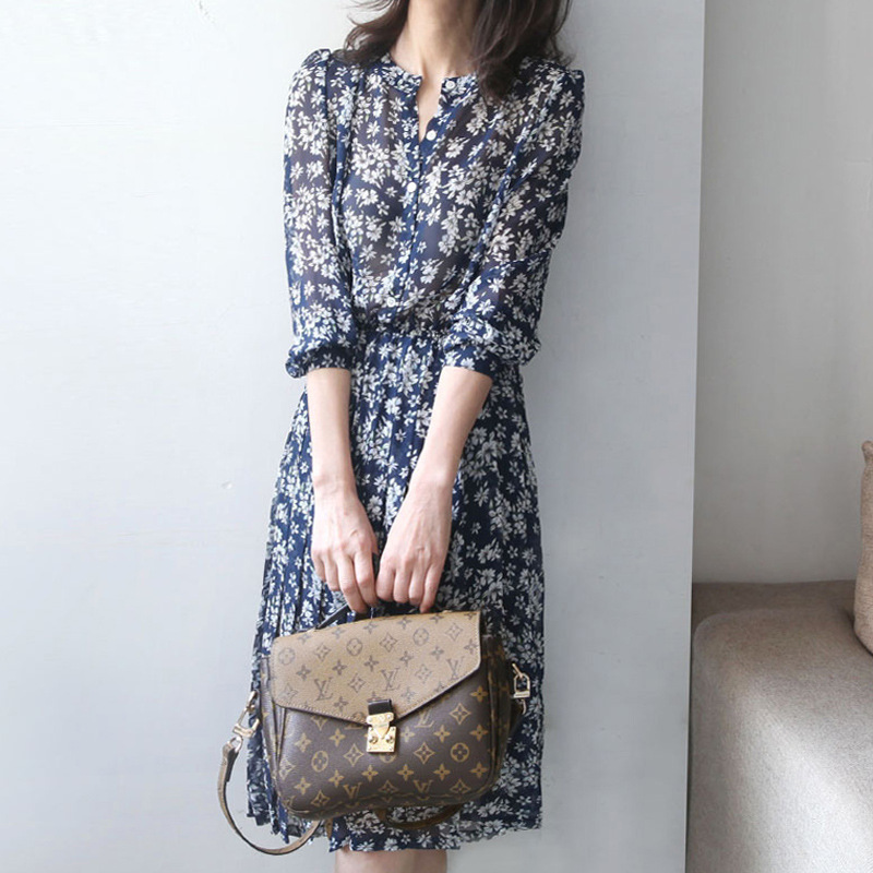 Long-sleeved slim small floral elegant long skirt