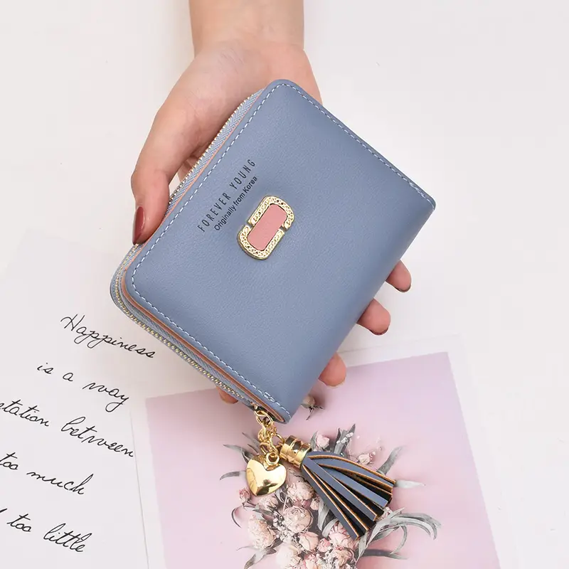 Small Card Holder Wallet with Zipper and Tassel — Blue