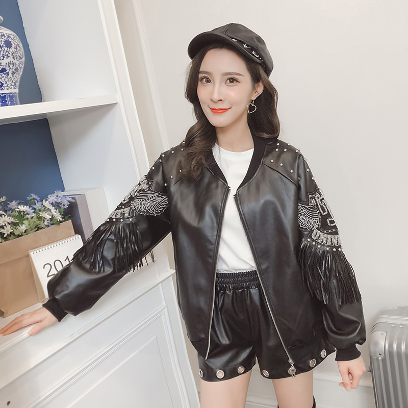 Rivet PU leather tassel short coat Black - Shop at LoveMi