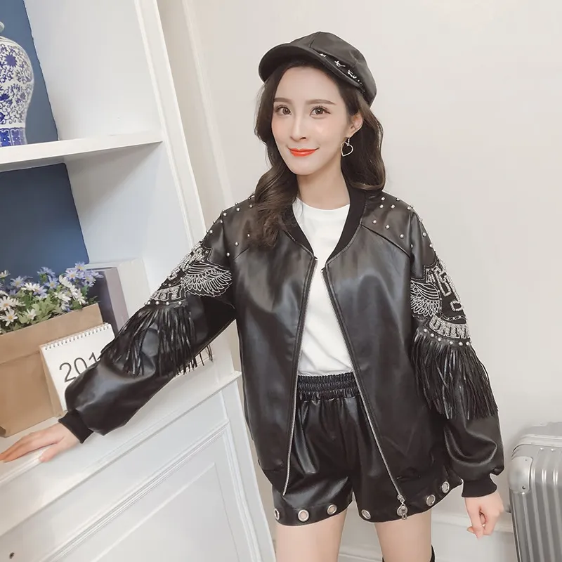 Rivet PU leather tassel short coat - Black