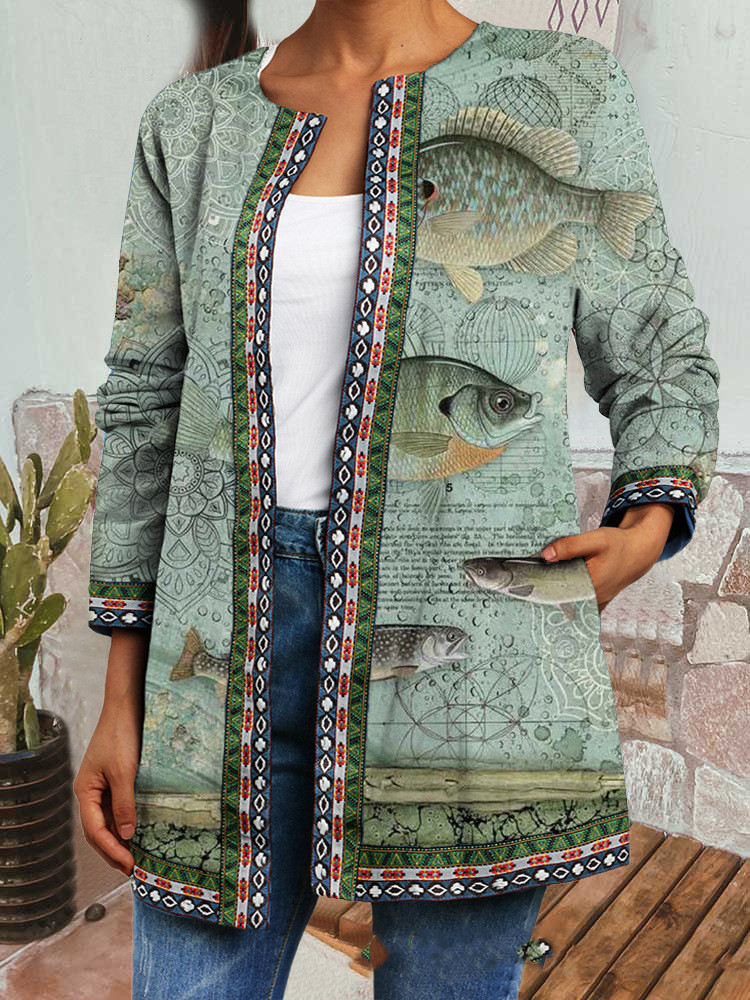 Retro print stitching long sleeve coat