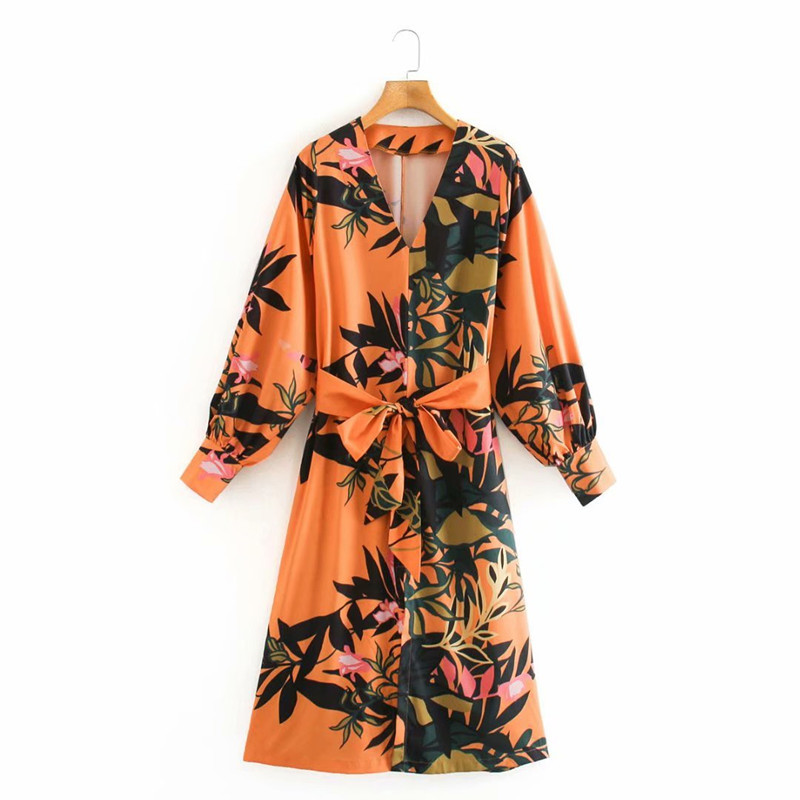 Loose printed V-neck dress