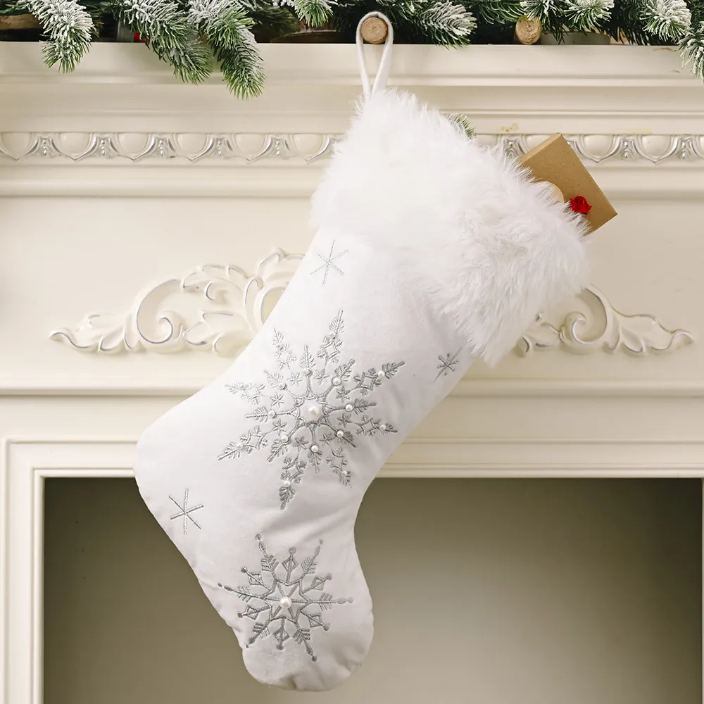 Flannel Pearl Snowflake Christmas Stocking White - Silver