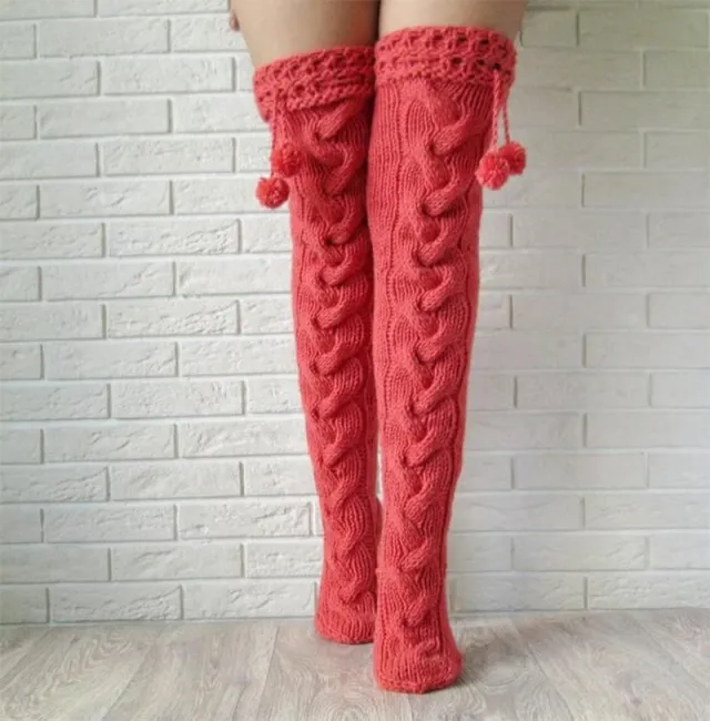 Knitted socks with hair ball over the knee Red - Shop at LoveMi