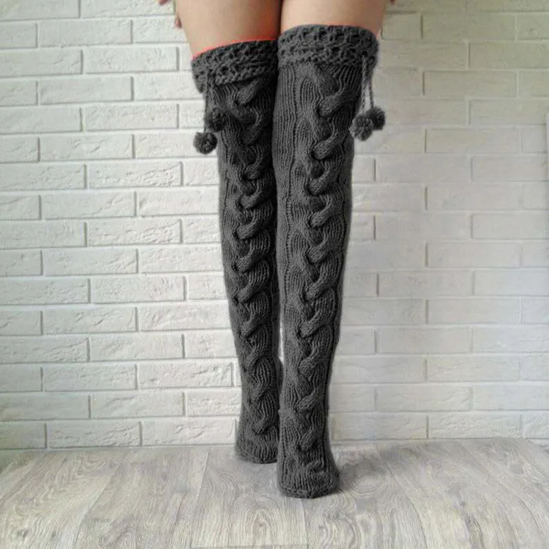 Knitted socks with hair ball over the knee - Black