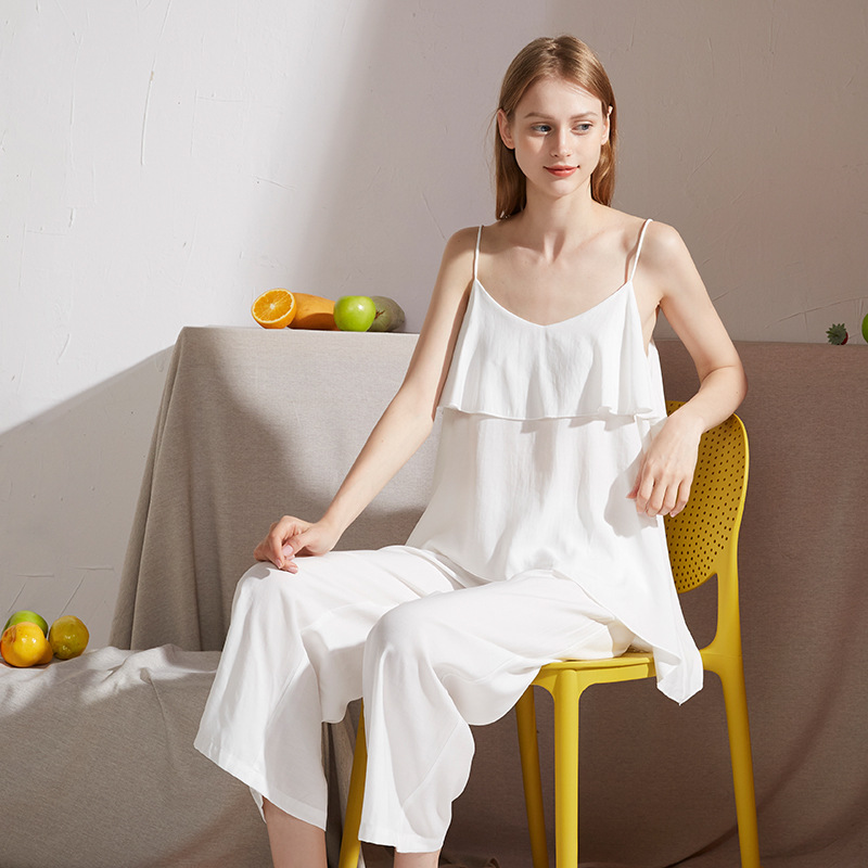 Cute two-piece cotton home suit with sling ruffle