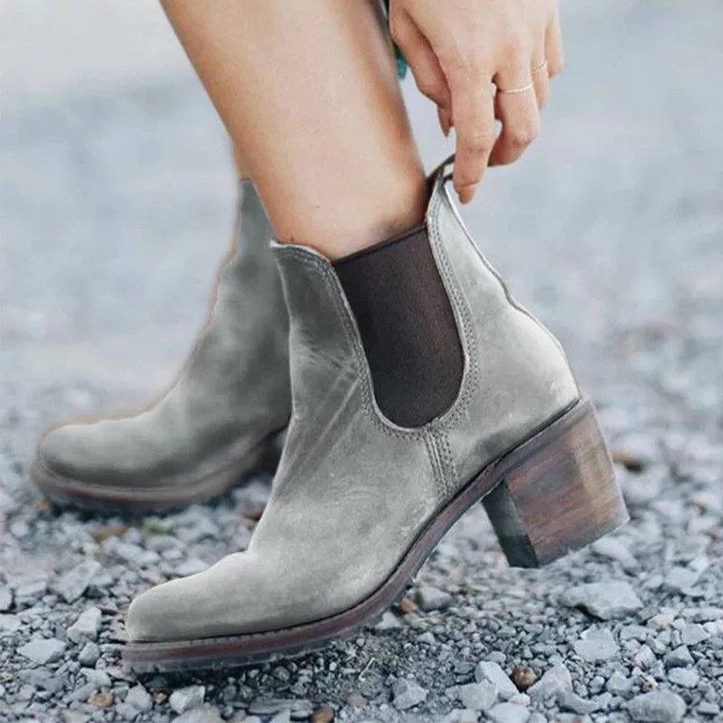 Pointed thick heel short high heel women's short boots Grey - Shop at LoveMi