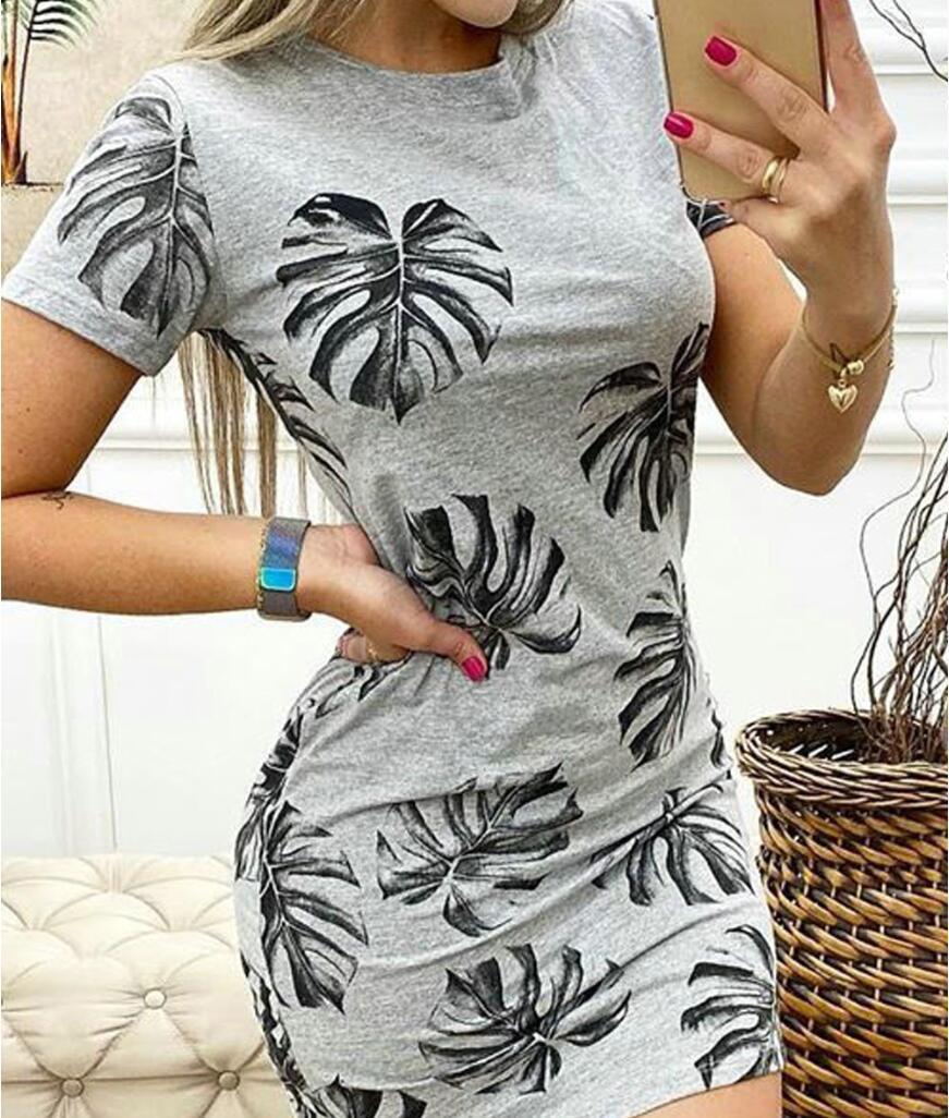 Spring sexy print round neck bag hip dress
