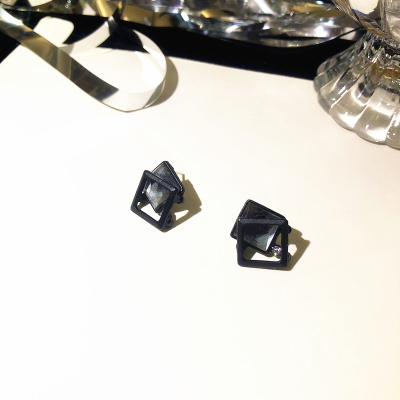 Silver needle matte black square earrings women