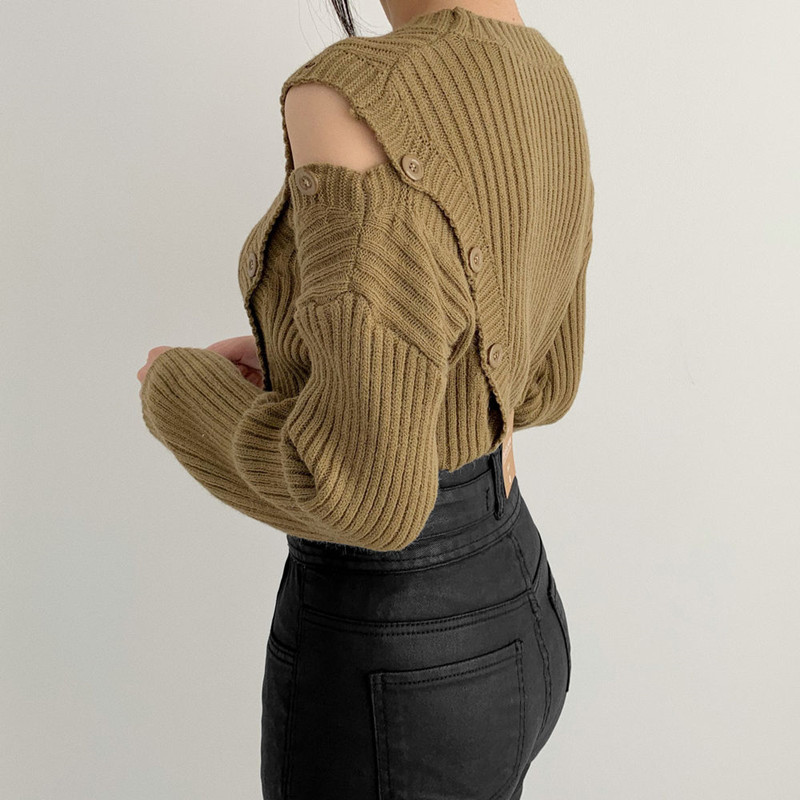 Sexy pit button off-shoulder long-sleeved sweater