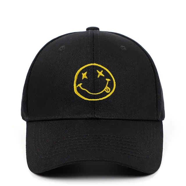 Cartoon smiley embroidered cotton baseball cap Black - Shop at LoveMi