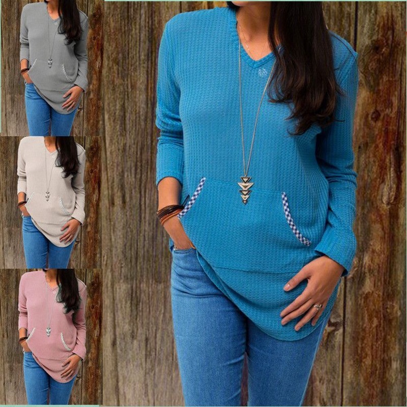 Solid color V-neck pocket long-sleeved sweater