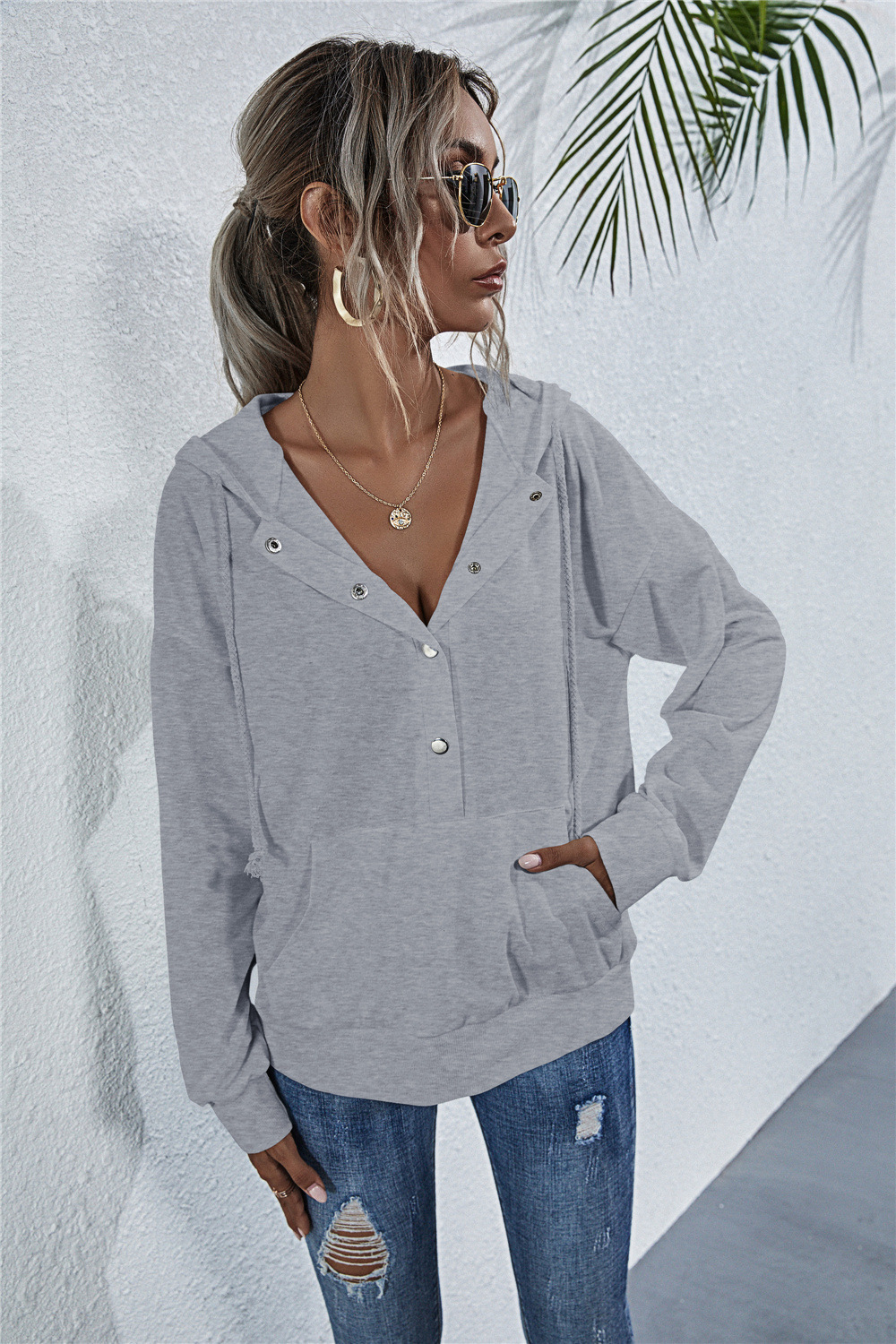 Drawstring button pocket loose sweatshirt