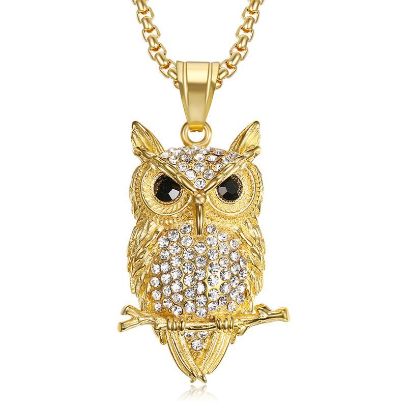 Titanium steel gold plated diamond owl pendant necklace