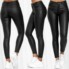 Women's solid color leather casual pants foot pants - Black - View 1