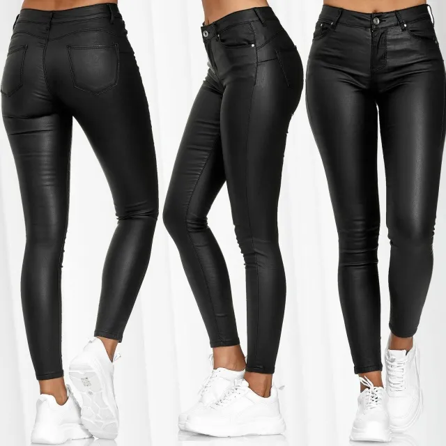 Women's solid color leather casual pants foot pants Black - Shop at LoveMi