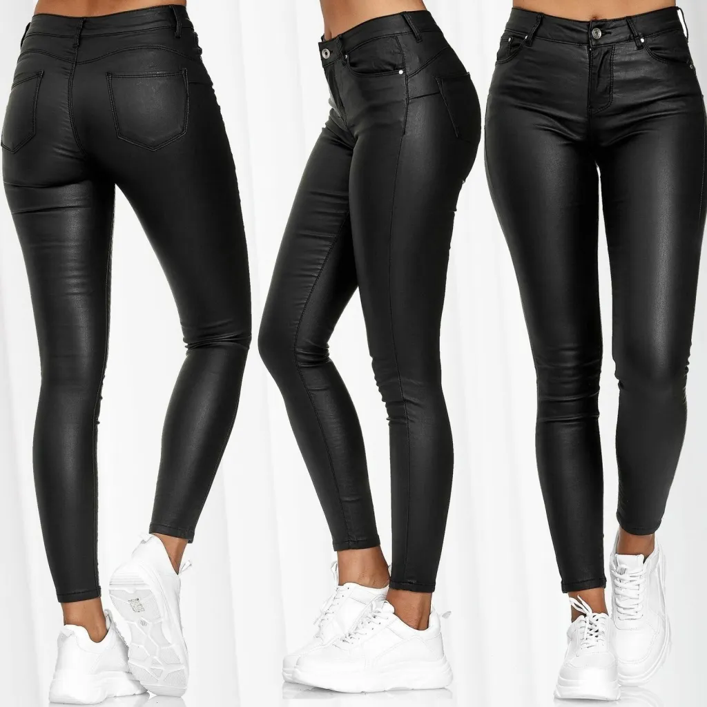 Women's solid color leather casual pants foot pants - Black