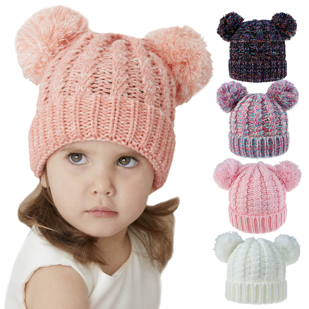 Double ball knitted cap for girls
