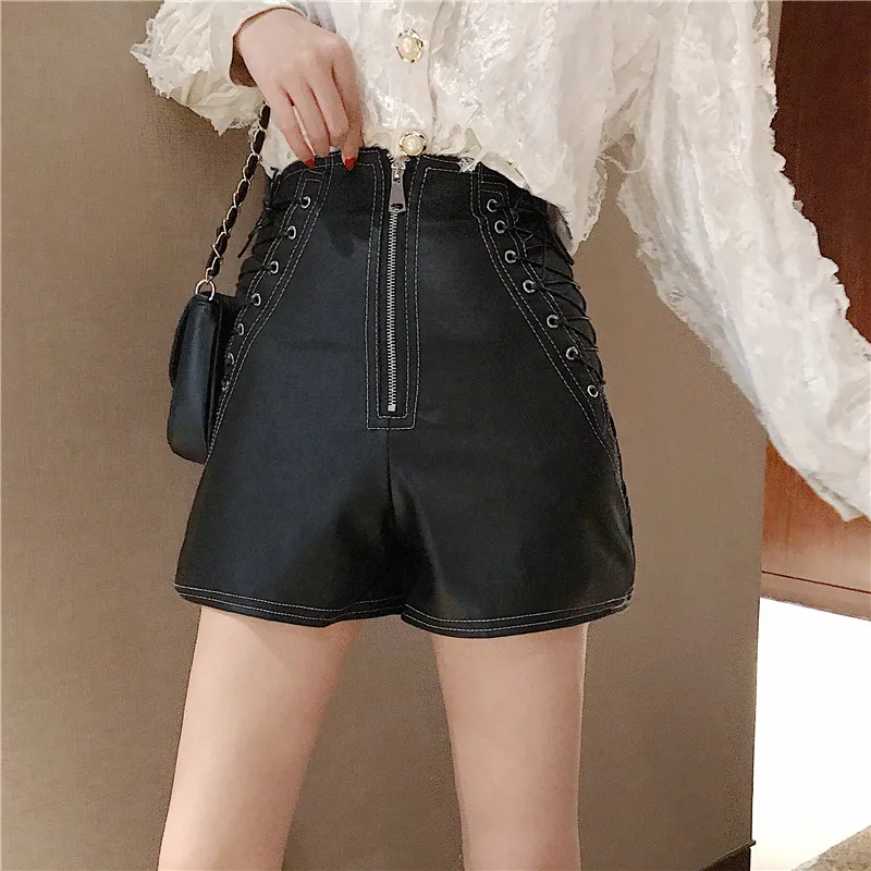 Slim slimming wide-leg pants with zipper leather pants - Black