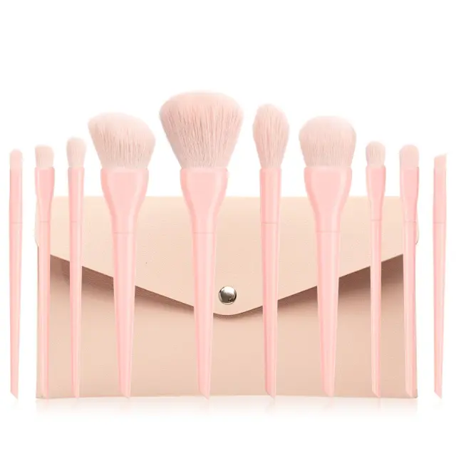Candy color 10 cosmetic brushes set plastic short rod soft bristles Pink - Shop at LoveMi