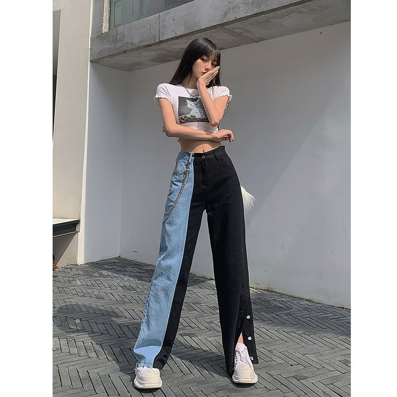 Black and blue color block high rise split jeans Black - Shop at LoveMi