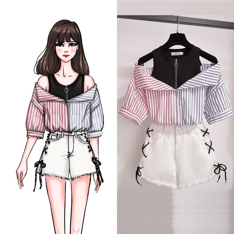Stitching striped short-sleeved shirt fake two-piece off-shoulder blouse women's two-piece jeans
