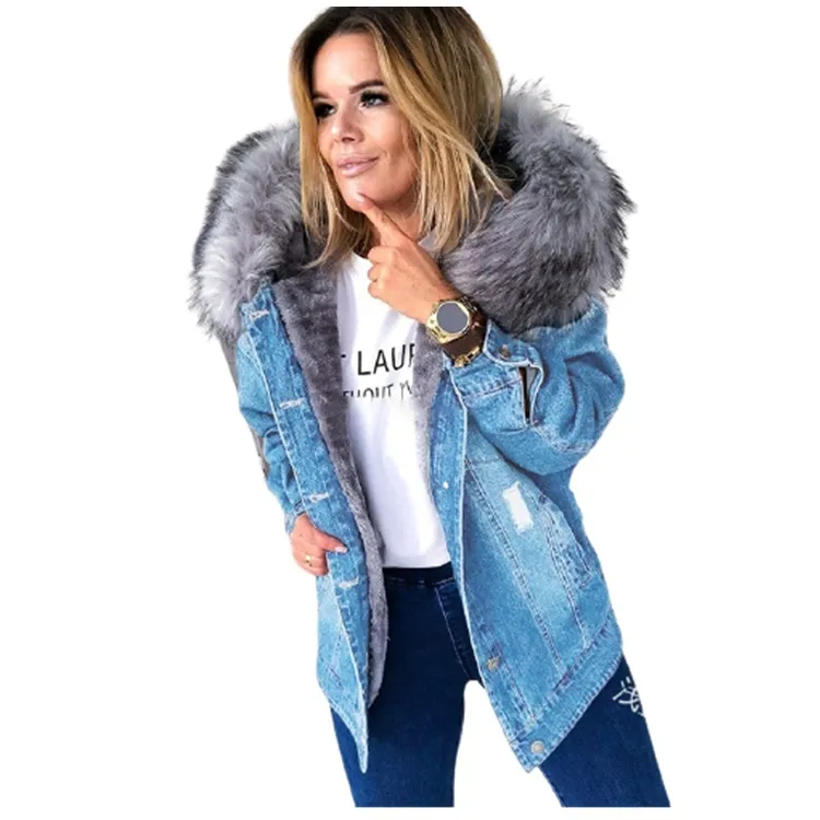 Large Fur Collar Denim Jacket Warm Mid-Length Coat - Light Blue