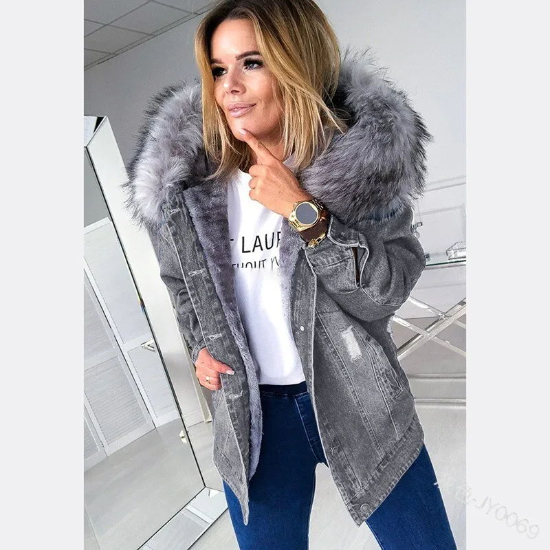 Large Fur Collar Denim Jacket Warm Mid-Length Coat - Grey
