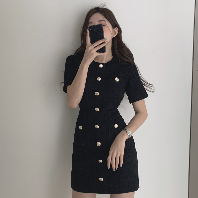 Single row French sweet round neck slim knitted dress