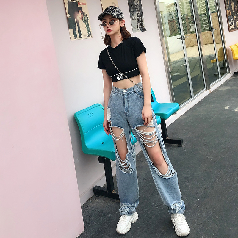 Ripped exposed leg casual wide-leg jeans