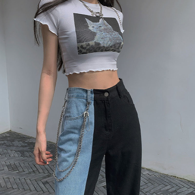 Black and blue color block high-rise split jeans