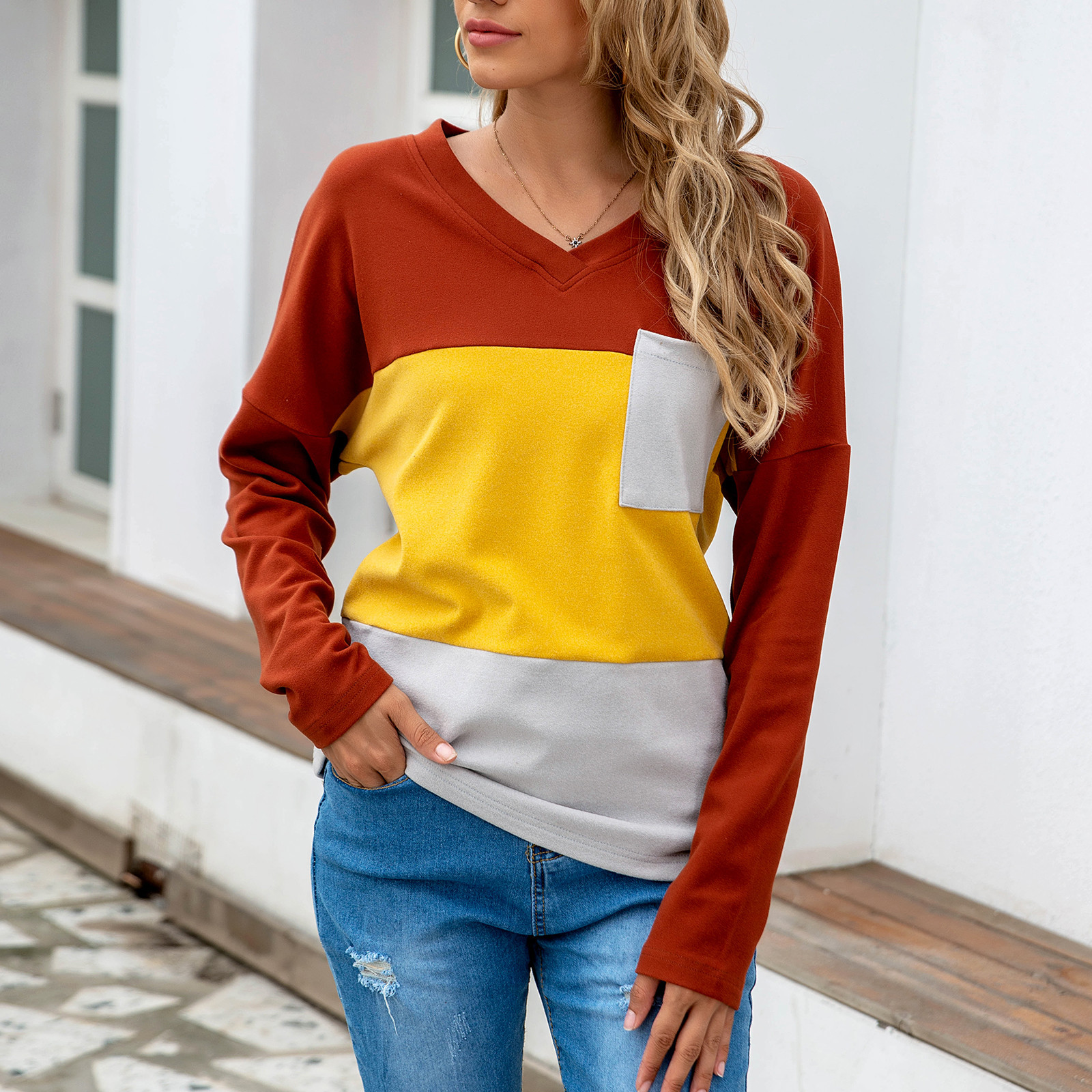 V-neck long sleeve stitching three-color plus velvet sweater