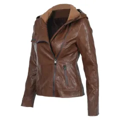 Solid color women's leather jacket - Brown - View 1