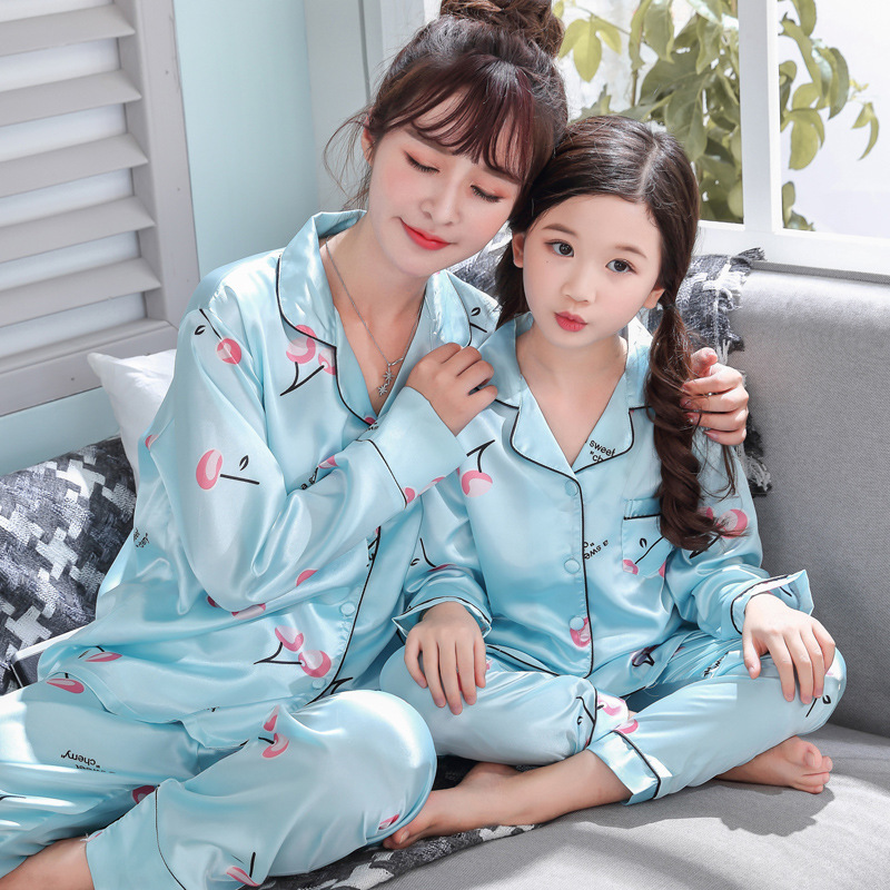 Children's pajamas parent child ice silk home service suit Blue - Shop at LoveMi