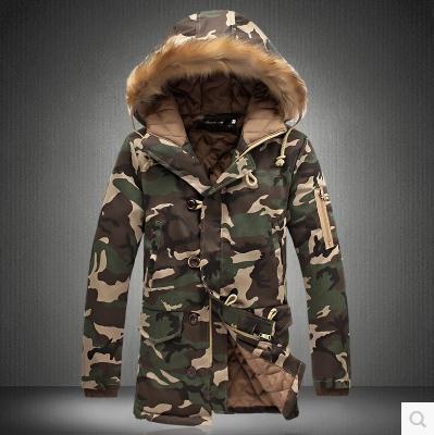 Camouflage large fur collar mid-length padded coat