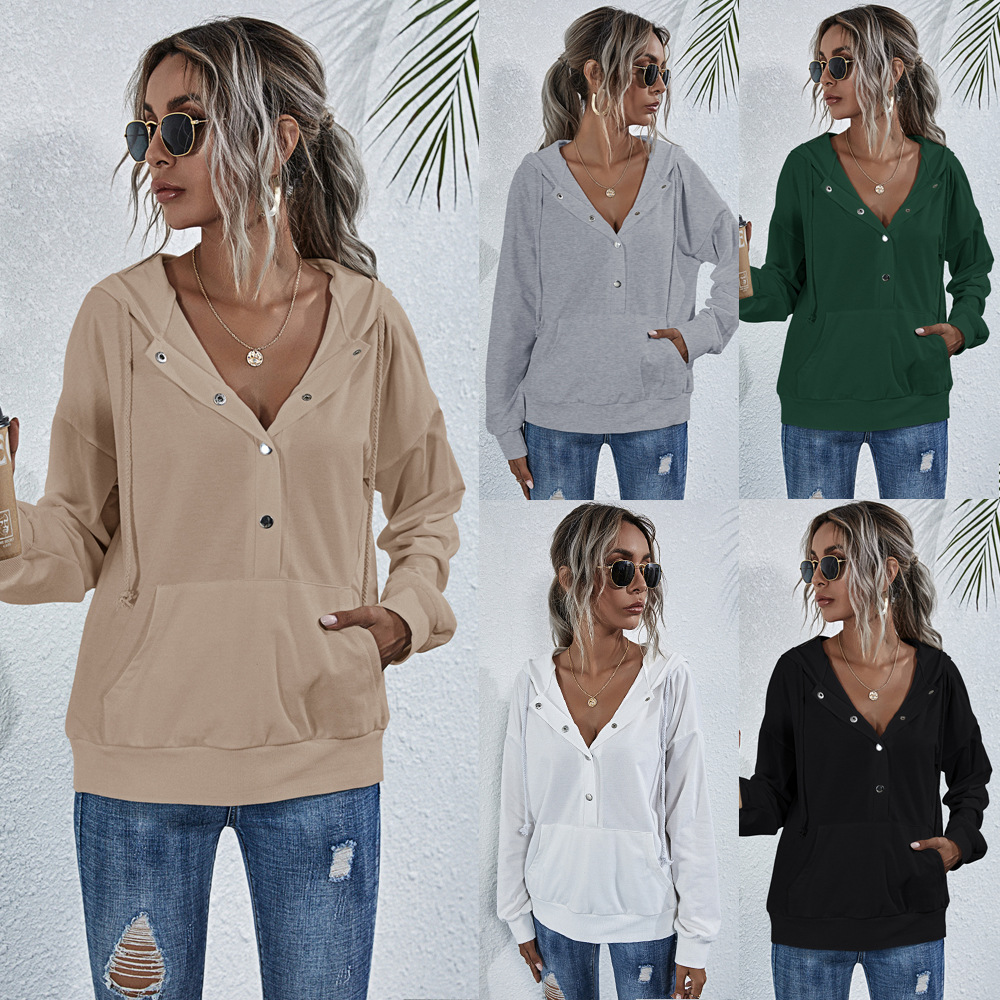 Drawstring button pocket loose hoodie